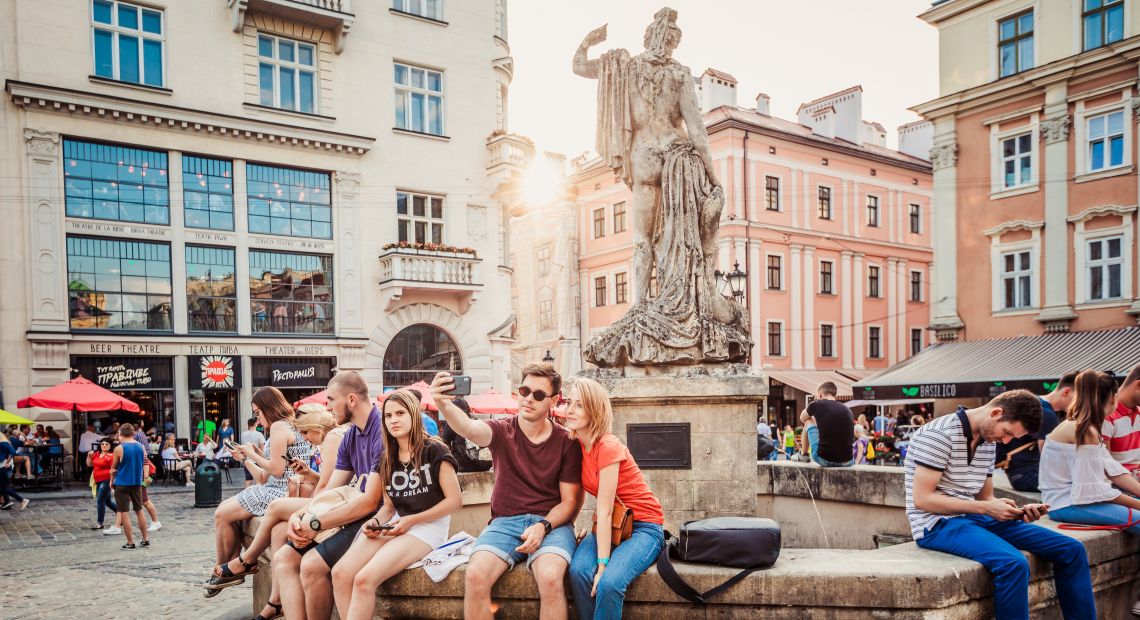 Couple taking a selfie in Lviv