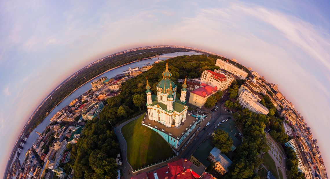 Aerial 360 view of Podil in Kyiv