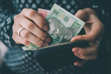 Person holding a purse with 20 Hryvnia banknote