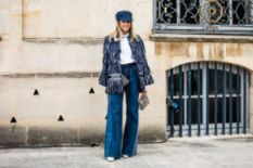 Woman in flared jeans and sequins coat