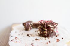 Chocolate wrapped with a striped thread