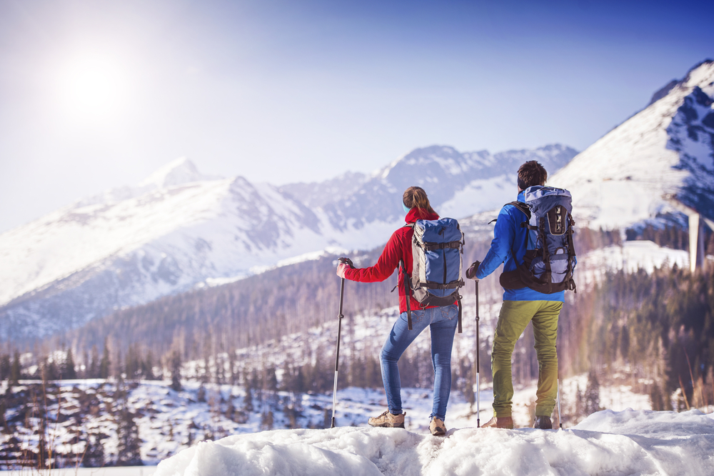 Hiking in the mountains in winter