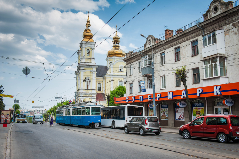 city street with church