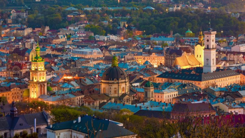 Aerial view of night Lviv
