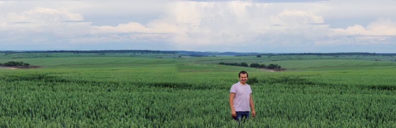 Man standing in a vast green field