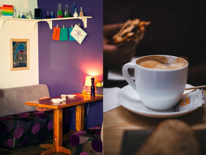 Delicious coffee and cozy cafe interior