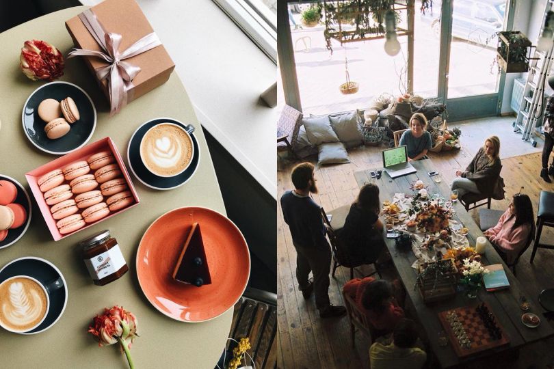 Delicious dessert and cozy cafe interior