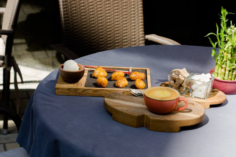 seaffod and coffee on table
