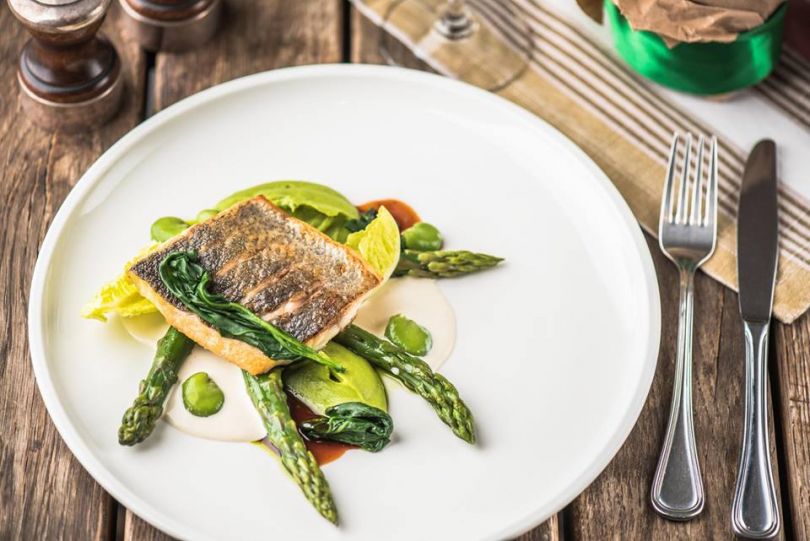Sea bass with shrimp sauce and beans pur&eacute;e
