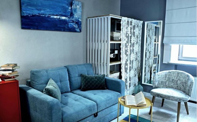 stylish hotel room in blue colors